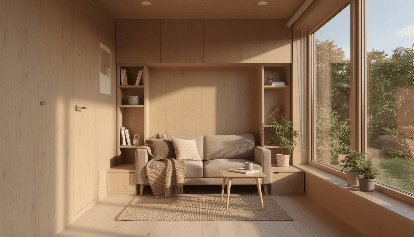 The image depicts a cozy tiny home interior featuring warm wooden walls and large windows that fill the space with natural light The compact living area includes a small sofa showcasing quality craftsmanship and functional design ideal for tiny home owners seeking a stylish yet affordable living solution