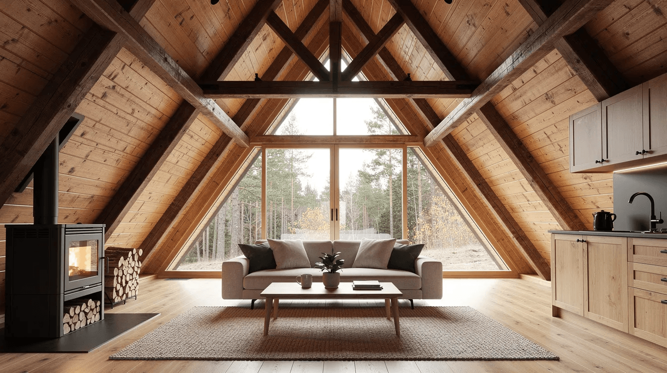 Db54e0ab19a64d08b37e5c683cc30e63 The interior of an A frame house features soaring vaulted ceilings supported by exposed wooden beams creating a spacious and inviting atmosphere filled with natural light from large windows This design exemplifies the charm of frame homes blending natural materials and energy efficiency within a cozy vacation home setting