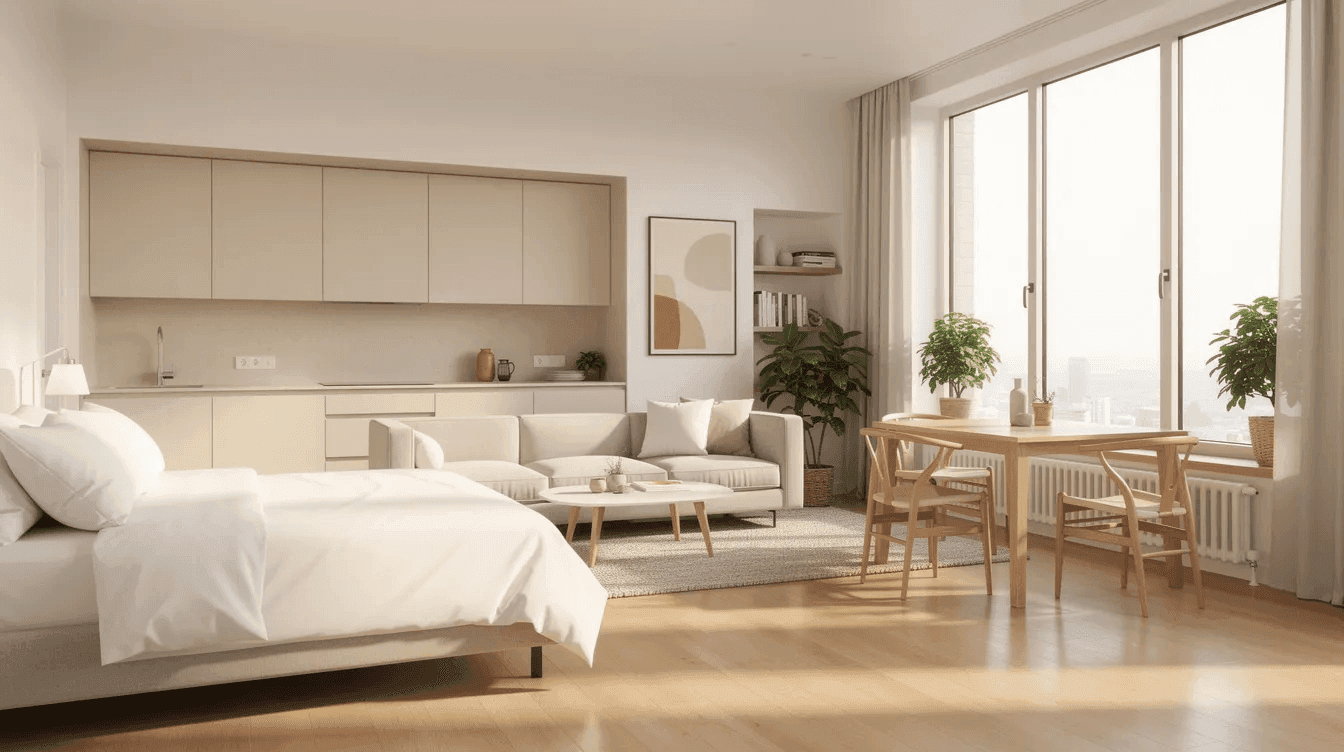 The image depicts a bright open plan studio apartment featuring large windows that allow natural light to flood the space creating a warm and inviting atmosphere ideal for independent living This self contained housing unit emphasizes comfort and accessibility making it a perfect option for those seeking affordable rental housing