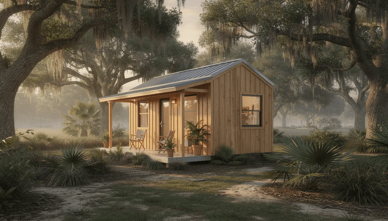 A charming small wooden tiny home with a covered porch is nestled among mature oak trees showcasing the beauty of Florida's climate. This well-engineered tiny home offers a cozy living space, perfect for those looking to embrace the tiny house movement and sustainable living practices.