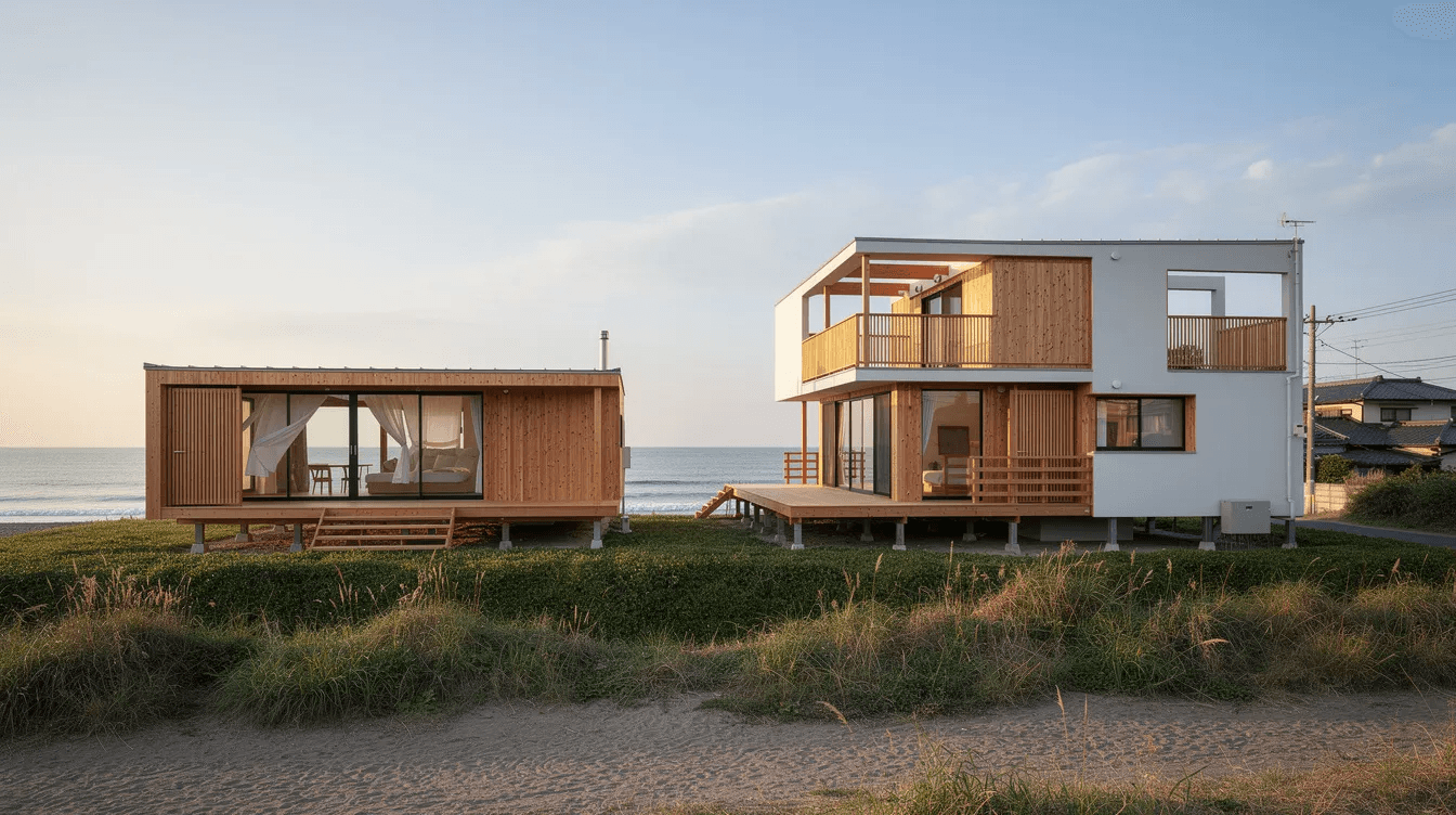 The image showcases two small houses Lulla House and House C designed with elevated floors for flood resilience and oriented to maximize water views Surrounded by greenery these homes feature combined living spaces and minimalist architecture reflecting the beauty of coastal life in Japan