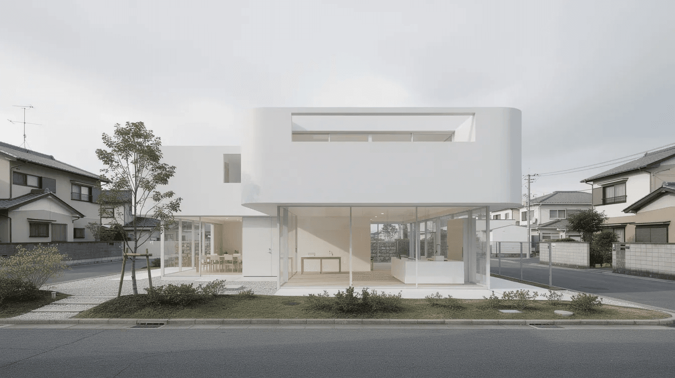 E274bc17c0614d9c8879e8ebac0ae885 The image depicts a modern small house designed by Kazuyo Sejima featuring a unique facade with operable windows and a spiral staircase connecting the ground floor to the first floor This Tokyo home is wrapped in glass and divided into open spaces that blend seamlessly with surrounding gardens creating a harmonious living environment