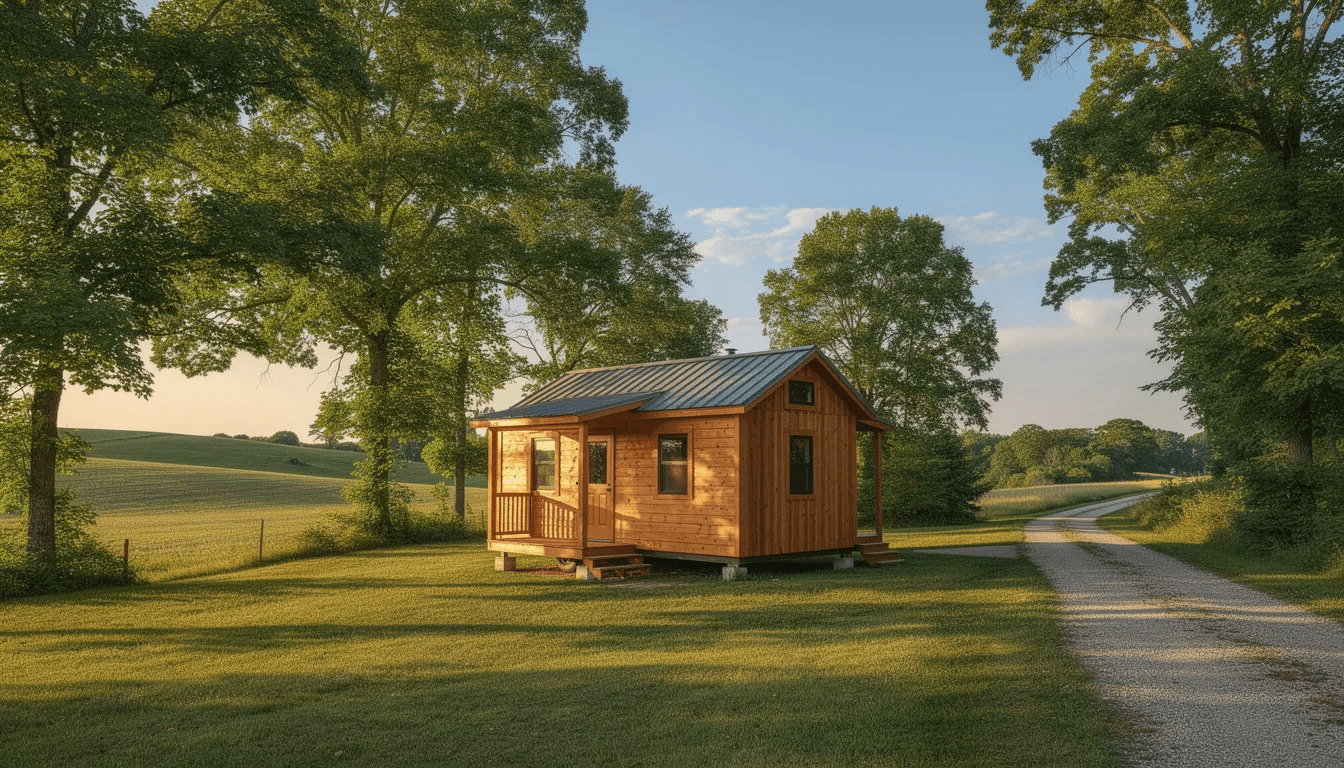 A charming tiny house made of wood is surrounded by lush green trees on a rural property in Indiana with gentle rolling hills in the background showcasing the beauty of tiny home living in a serene natural setting This location highlights the appeal of tiny house communities and sustainable living amidst the picturesque landscape of Brown County