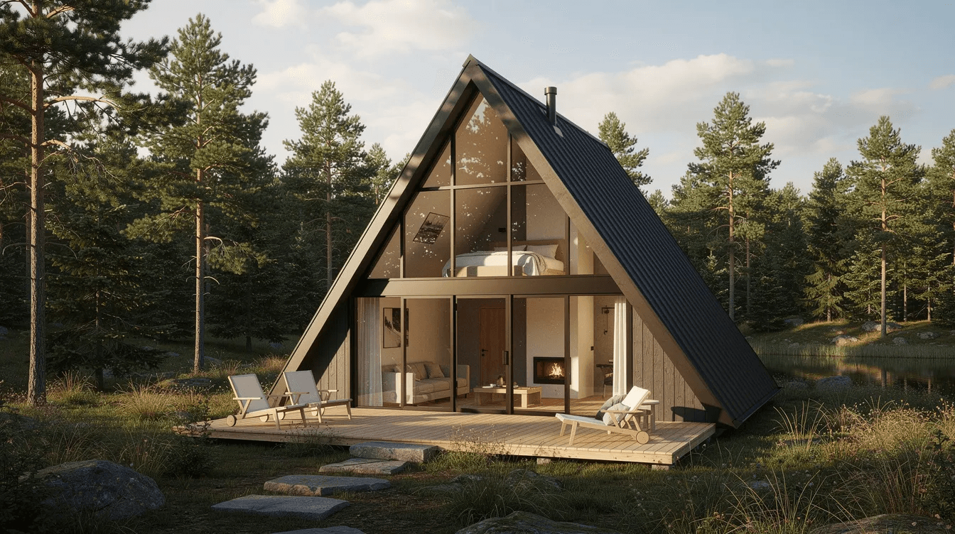 The image depicts a modern A Frame loft house with large windows and a sloped roof showcasing the architectural design that maximizes living space and natural light The exterior features a combination of wood and glass emphasizing the house's connection to nature, while the layout includes a master suite and a great room, making it a perfect dream home for families.