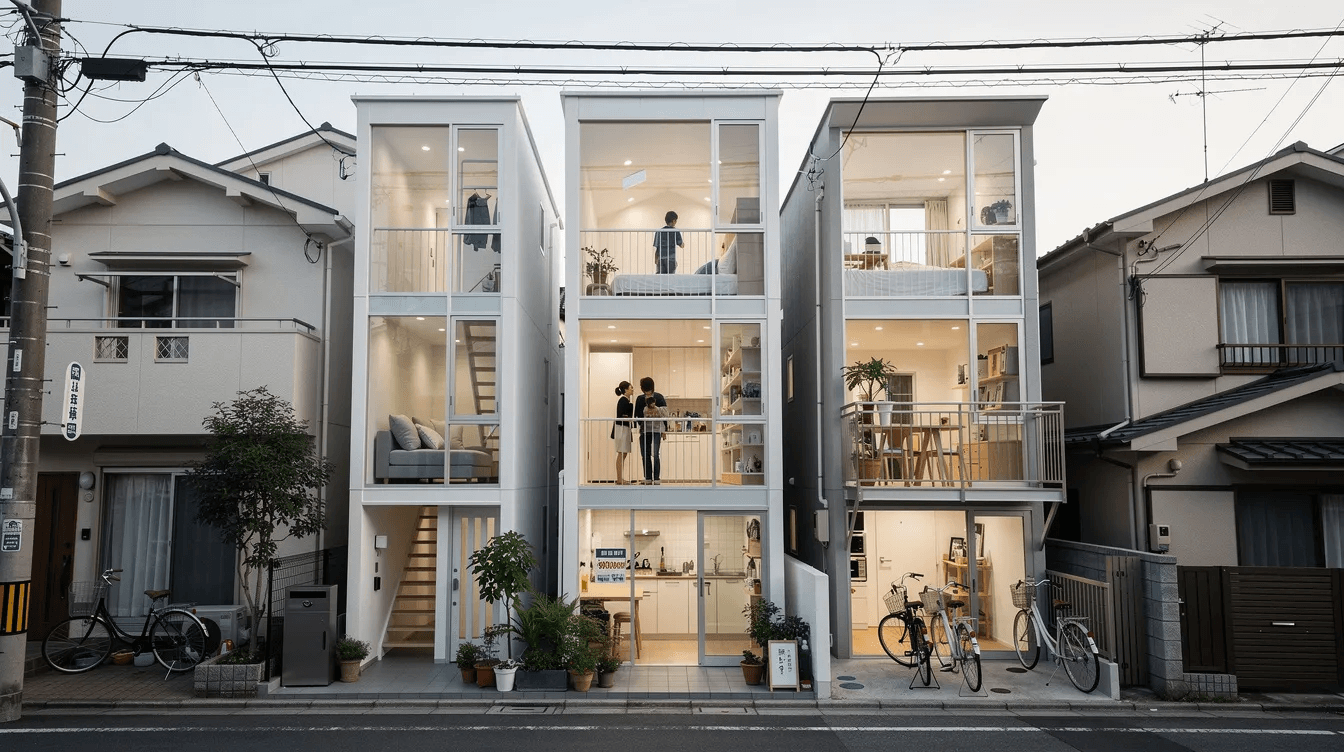 E43c607b7ec44df09527711f688db00a The image showcases a series of ultra thin skinny houses located in Tokyo exemplifying innovative tiny home designs on narrow plots These structures often less than 3 meters wide feature multiple floors maximizing natural light and open space while creatively utilizing limited space for living cooking and sleeping areas