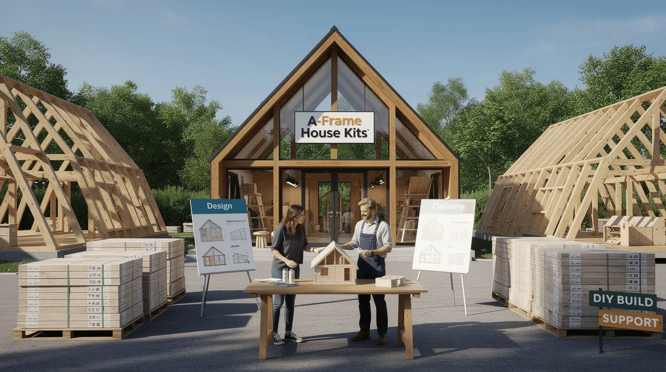 E52f1f847bc440dab5982706614c8997 An A frame house kit provider showcases a variety of affordable and quality tiny house designs featuring built in cabinets and metal roofing perfect for a vacation home or primary residence The image highlights the efficient assembly process and the unique style of the A frame structures set against a scenic lake backdrop embodying a dream home in nature