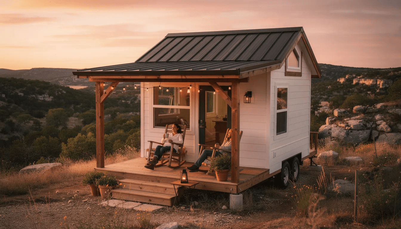 A couple is seen relaxing on the covered porch of a charming cottage style tiny home overlooking the picturesque Texas hill country as the sun sets creating a serene atmosphere perfect for tiny home living The image captures the essence of the tiny house movement showcasing a cozy lifestyle amidst the natural beauty of Texas