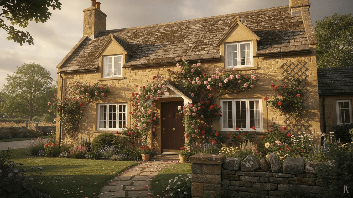 The image features a charming honey toned stone English cottage adorned with climbing roses and topped with a slate roof embodying traditional country style This picturesque country home design reflects a timeless appeal inviting outdoor living with its inviting atmosphere