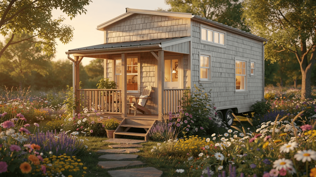 A cozy cottage style tiny house features a charming shingled exterior and a small front porch surrounded by vibrant garden flowers creating a perfect space for family life This compact home showcases premium materials inviting natural light into its interior
