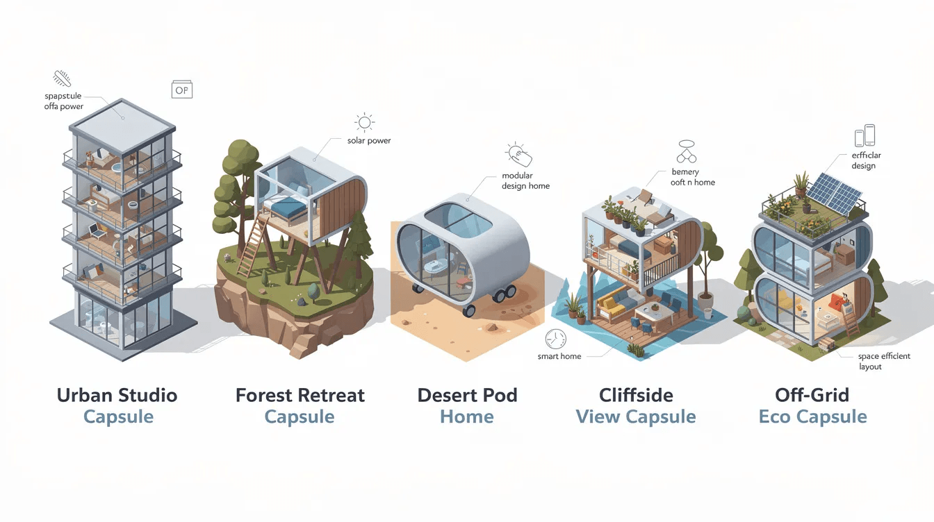 The image showcases various popular capsule house types and model ideas highlighting modern living in compact spaces These energy efficient tiny homes feature modular designs and eco friendly materials emphasizing affordability and innovative construction for a sustainable future