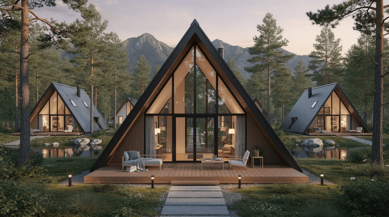 E9055474b61c457785981deadffb1b98 The image showcases the interior of a beautifully designed A frame house featuring a spacious dining room with large windows that allow natural light to flood the living space The wood beams and contemporary furnishings create a warm and inviting atmosphere while the triangular shape of the roof adds a unique architectural element to the overall design