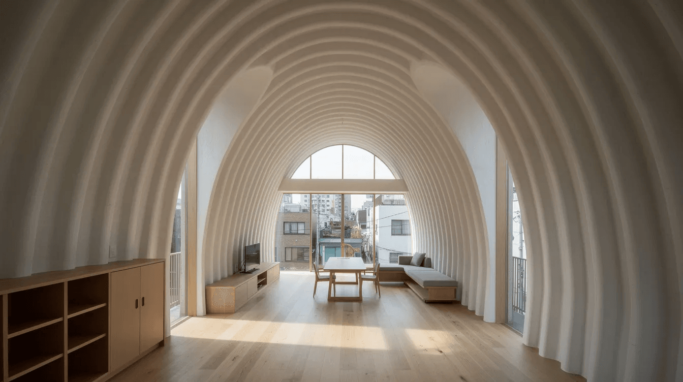 Ea966c4cf1144c47ae98025715894703 The Nami Nami House in Tokyo showcases a narrow design with undulating barrel vault ceilings that create a spacious and unique interior experience Large windows allow natural light to flood the ground floor enhancing the open living space and providing a sense of connection to the outdoors