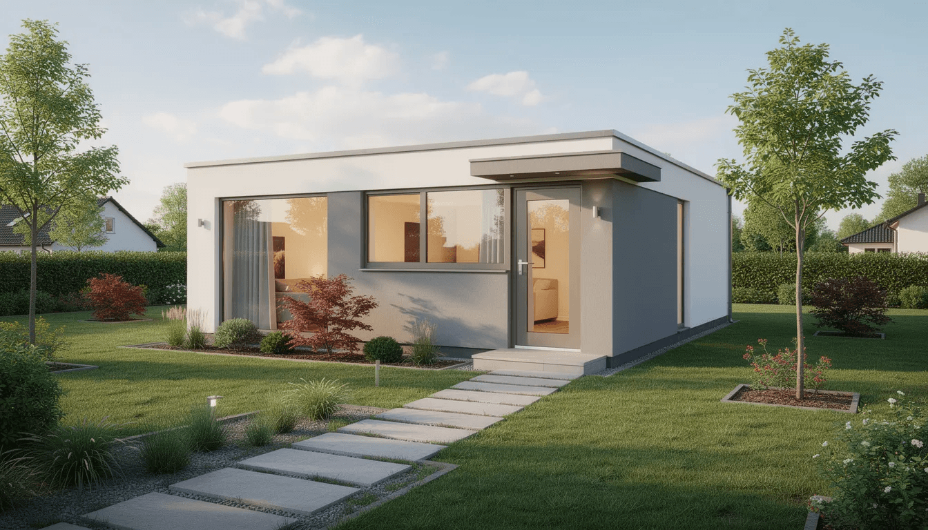 A small modern detached cottage with large windows stands in a beautifully landscaped backyard featuring a simple path that leads to its entrance This compact living space exemplifies the appeal of accessory dwelling units ADUs and offers a stylish option for homeowners seeking flexible living arrangements