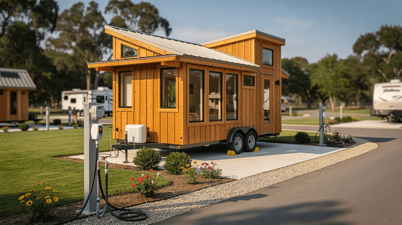 A tiny house on wheels is parked in a well maintained RV park featuring landscaped greenery and visible utility hookups This setting reflects the growing trend of tiny living offering affordable housing options within local zoning regulations in various Georgia counties