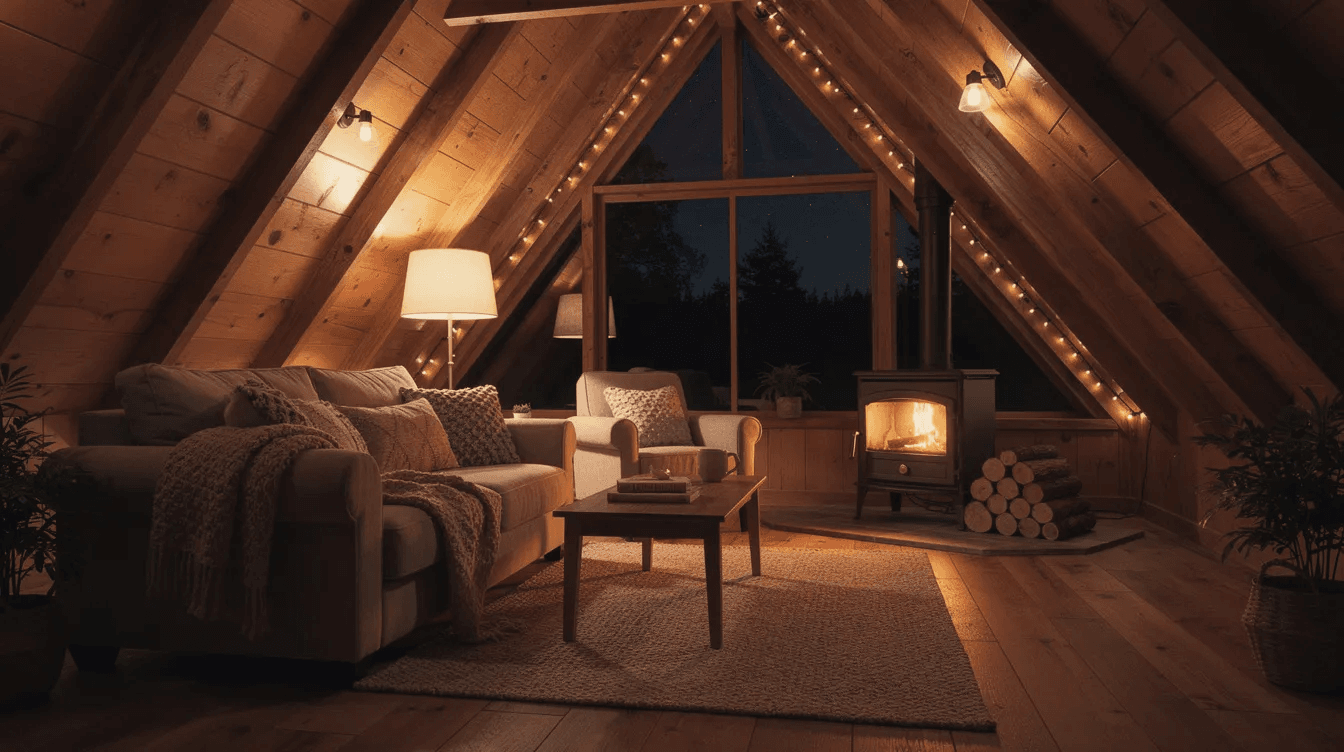 Ee9287bbc974455ba4790e225895184e The image depicts a cozy A frame living room featuring a wood stove as the focal point surrounded by comfortable seating and warm layered lighting that enhances the inviting atmosphere The design showcases natural materials and earthy tones complemented by large windows that invite natural light and connect the interior to the beautiful natural surroundings