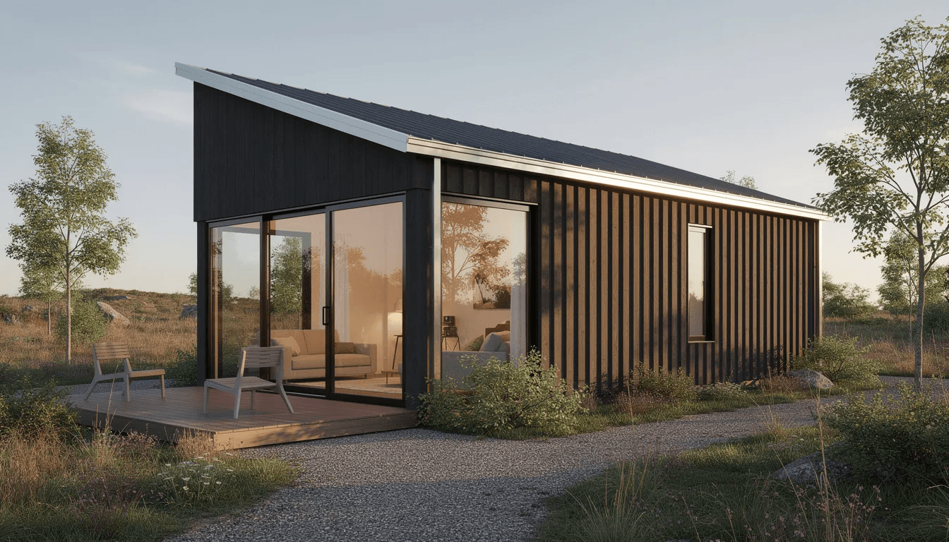 The image depicts a modern tiny house featuring a shed roof and dark vertical siding complemented by large glass windows that allow natural light to flood the interior This stylish design represents a two bedroom tiny house plan ideal for maximizing space while maintaining energy efficiency and a contemporary aesthetic