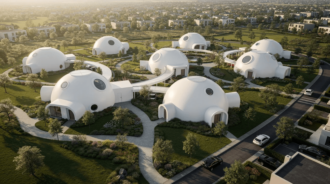 F0c0092718bc493a91aa9b89712a5612 An aerial view showcases a cluster of white dome structures resembling modern fiberglass houses set within a residential area These energy efficient and low maintenance homes designed with various shapes and customization options highlight innovative modular construction techniques