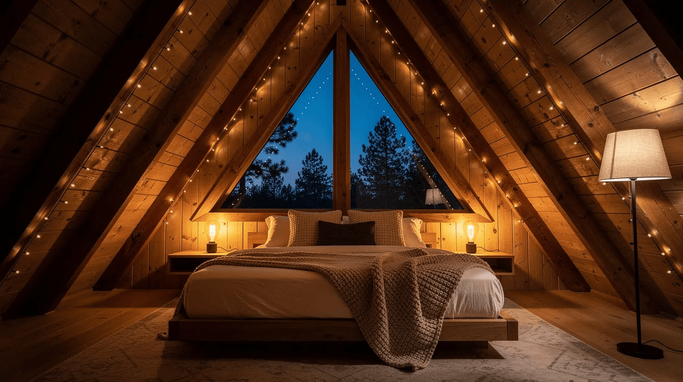F145151bfb794a12b2079f68e04f418a The image depicts a cozy A frame bedroom featuring a steeply pitched roof and warm lighting creating a welcoming atmosphere The room is designed with natural wood accents a comfortable bed and large windows that invite views of nature making it the perfect getaway for relaxation and comfort