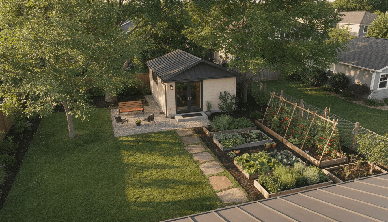 An aerial view showcases a charming small cottage ADU nestled in a residential backyard surrounded by mature trees and a vibrant vegetable garden highlighting the appeal of accessory dwelling units for flexible living This compact living space exemplifies smart design and the beauty of a minimalist lifestyle