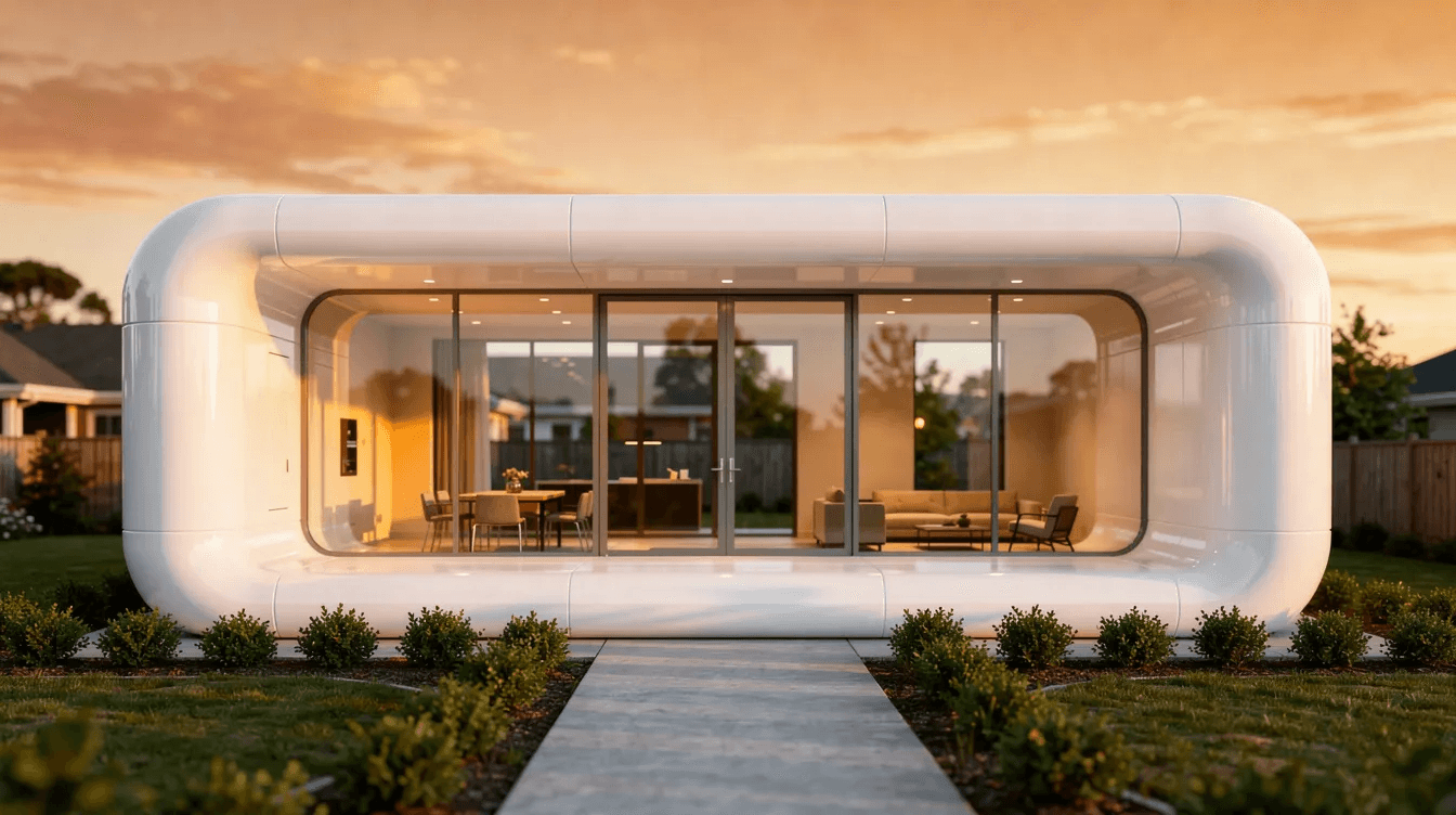 F1b27ac3e1444f56845c494c374d1fc4 The image depicts a modern fiberglass house showcasing its unique modular construction with various shapes and sleek design elements This energy efficient structure assembled on site highlights the lightweight nature and durability of fiberglass materials making it a long lasting and low maintenance option for homeowners