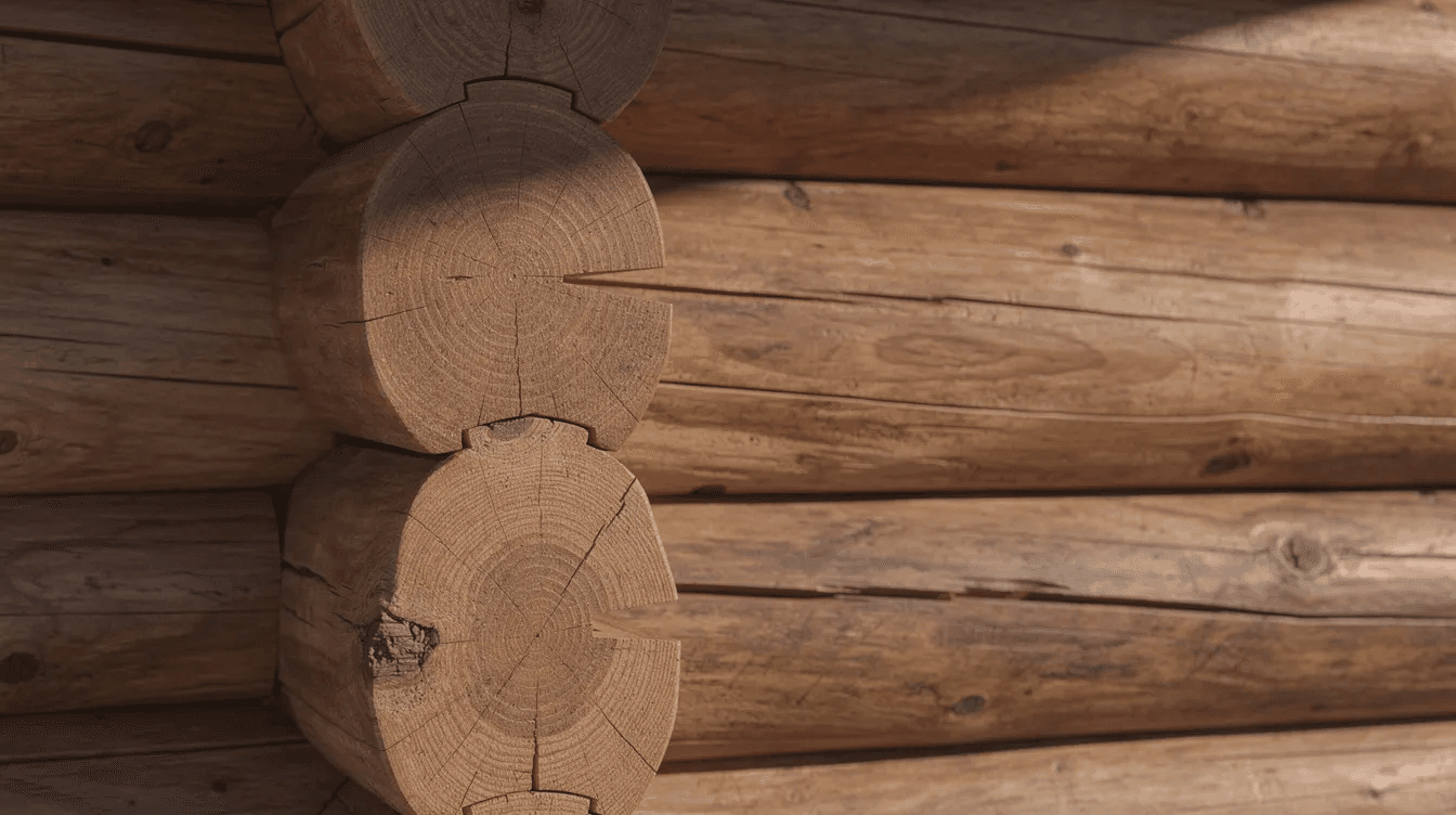 A close up view of a log cabin exterior wall reveals the rich wood grain and exceptional craftsmanship details showcasing the rustic appeal and durability of high quality materials used in its construction This image highlights the beauty and strength of a dream log cabin designed to withstand harsh weather conditions while providing a cozy living space