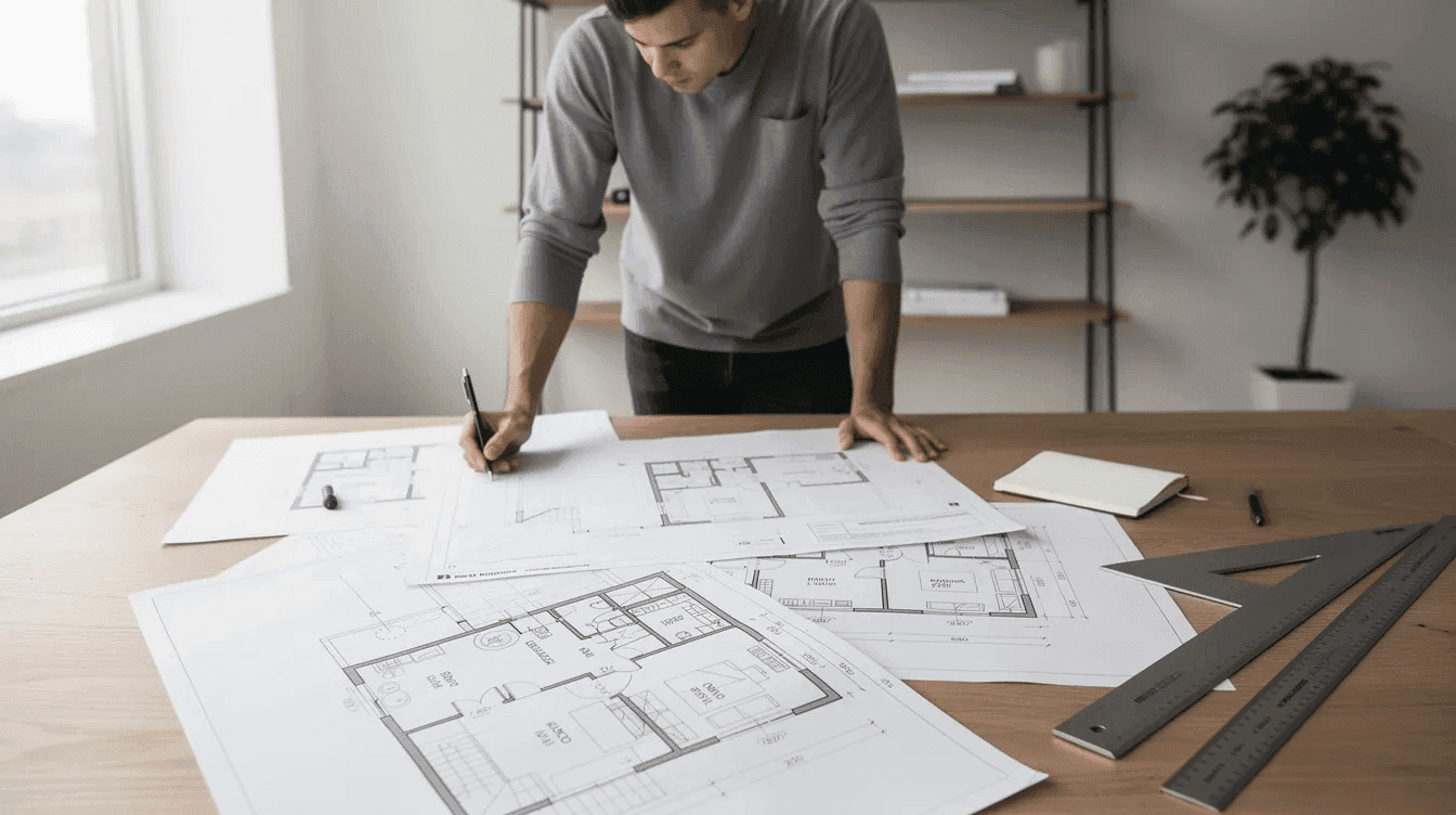 A person is intently examining architectural floor plans spread out on a table likely considering designs for affordable housing options such as modular construction or permanent housing The scene suggests a focus on creating supportive living environments that promote independence and community interaction