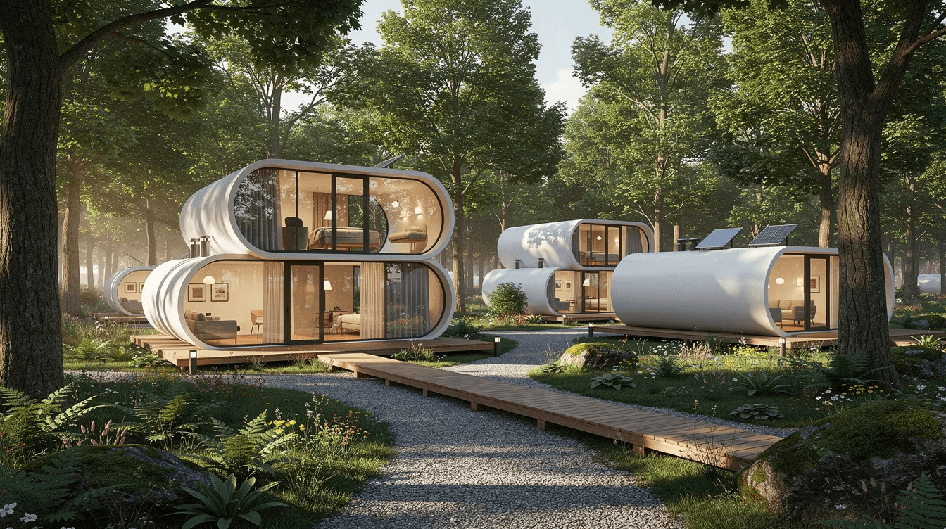 A cluster of modern capsule houses designed for compact living is nestled within an eco resort setting surrounded by lush trees These energy efficient tiny homes feature modular designs that blend seamlessly with nature promoting sustainability and a harmonious living environment
