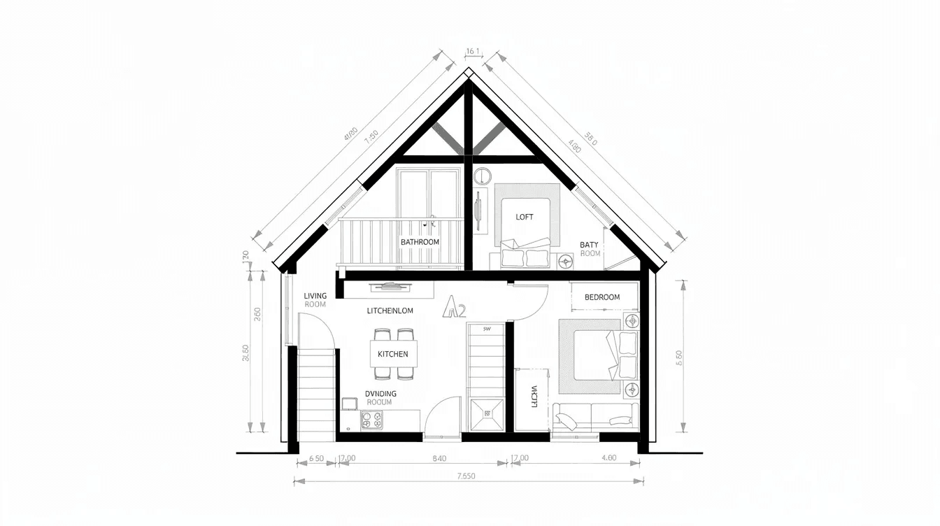 The image features a detailed layout of A frame house floor plans showcasing an open floor plan with a steeply pitched roof and large windows that invite natural light into the living space The design includes a ground floor and a sleeping loft ideal for maximizing square footage and providing spectacular views making it a perfect getaway for homeowners in snowy climates