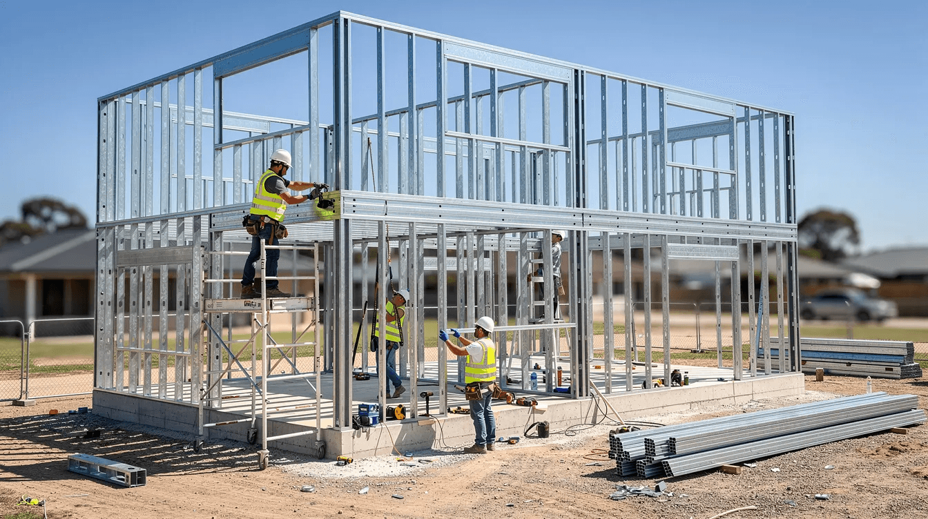 F830730106c146a7a4ba4bda41f31de8 The image depicts a job site where workers are assembling a steel frame structure of a home showcasing the construction process of a metal building home The partially constructed frame includes interior load bearing walls and is designed to meet local requirements for energy efficiency and durability against wind and snow loads