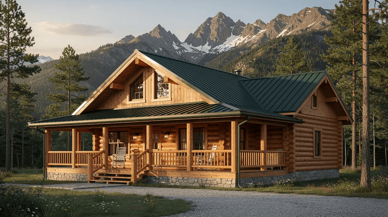 A completed log cabin with a wrap around porch is nestled against a stunning mountain backdrop showcasing beautiful logs and a charming design that embodies the dream log home aesthetic The cabin constructed from eastern white pine offers a perfect blend of comfort and nature ideal for family gatherings in the serene woods