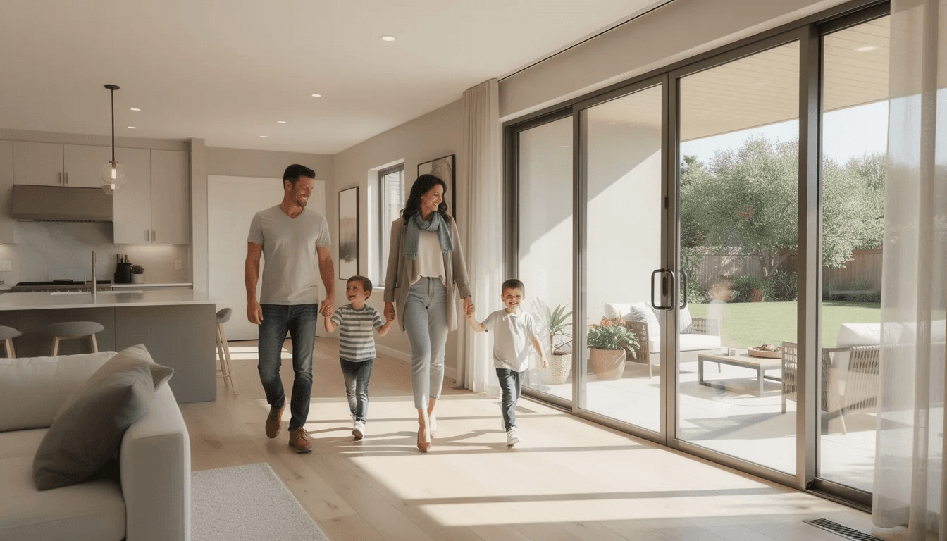 A young family is walking through an open concept ranch home showcasing the seamless indoor outdoor living with large sliding glass doors that lead to a spacious backyard patio This ranch style house features an inviting layout filled with natural light perfect for families seeking modern comfort