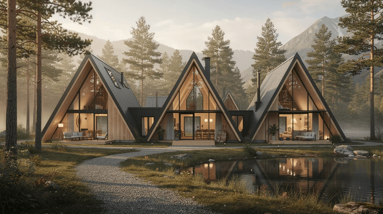 Fa90bbed08db4e73a45e703d19a955b3 The image showcases a modern A frame house nestled in a natural setting featuring a steeply pitched roof and large floor to ceiling windows that invite abundant natural light into the living space This unique triangular shaped home combines simple construction with energy efficient design making it an ideal vacation home or perfect getaway