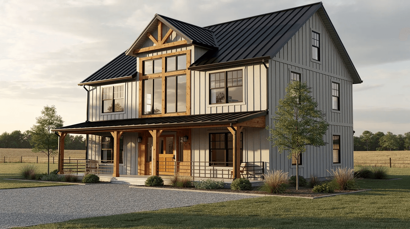 Fbc1d453735d4774937696caa491af1f The image showcases a completed two story barn style home featuring exposed timber accents highlighting its quality construction and unique design This structure exemplifies the charm of timber frame homes showcasing the precision and customization options available in house frame kits
