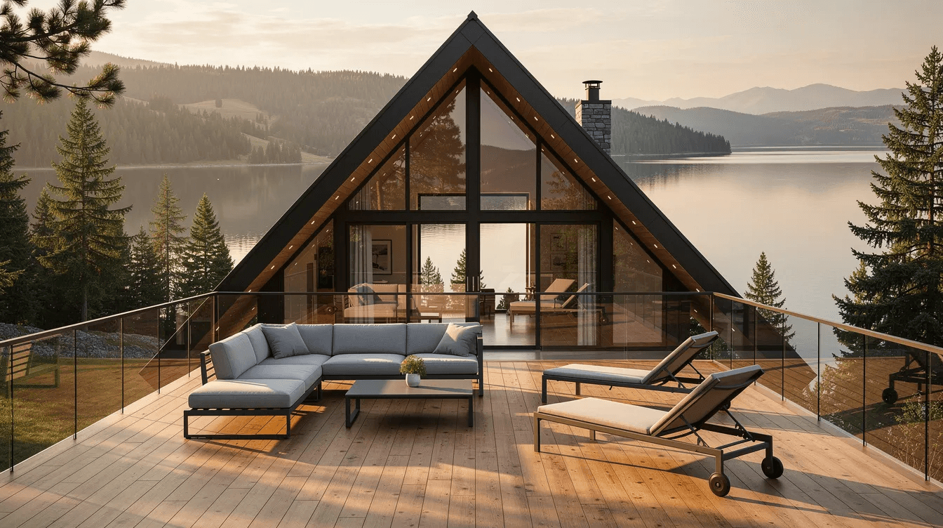 Fcaaf315236c44e79ab63141800f9b53 The image depicts a modern A frame home deck featuring stylish outdoor furniture offering a breathtaking view of a scenic lake The house characterized by its steeply pitched roof and triangular shape serves as a perfect getaway blending indoor and outdoor living spaces