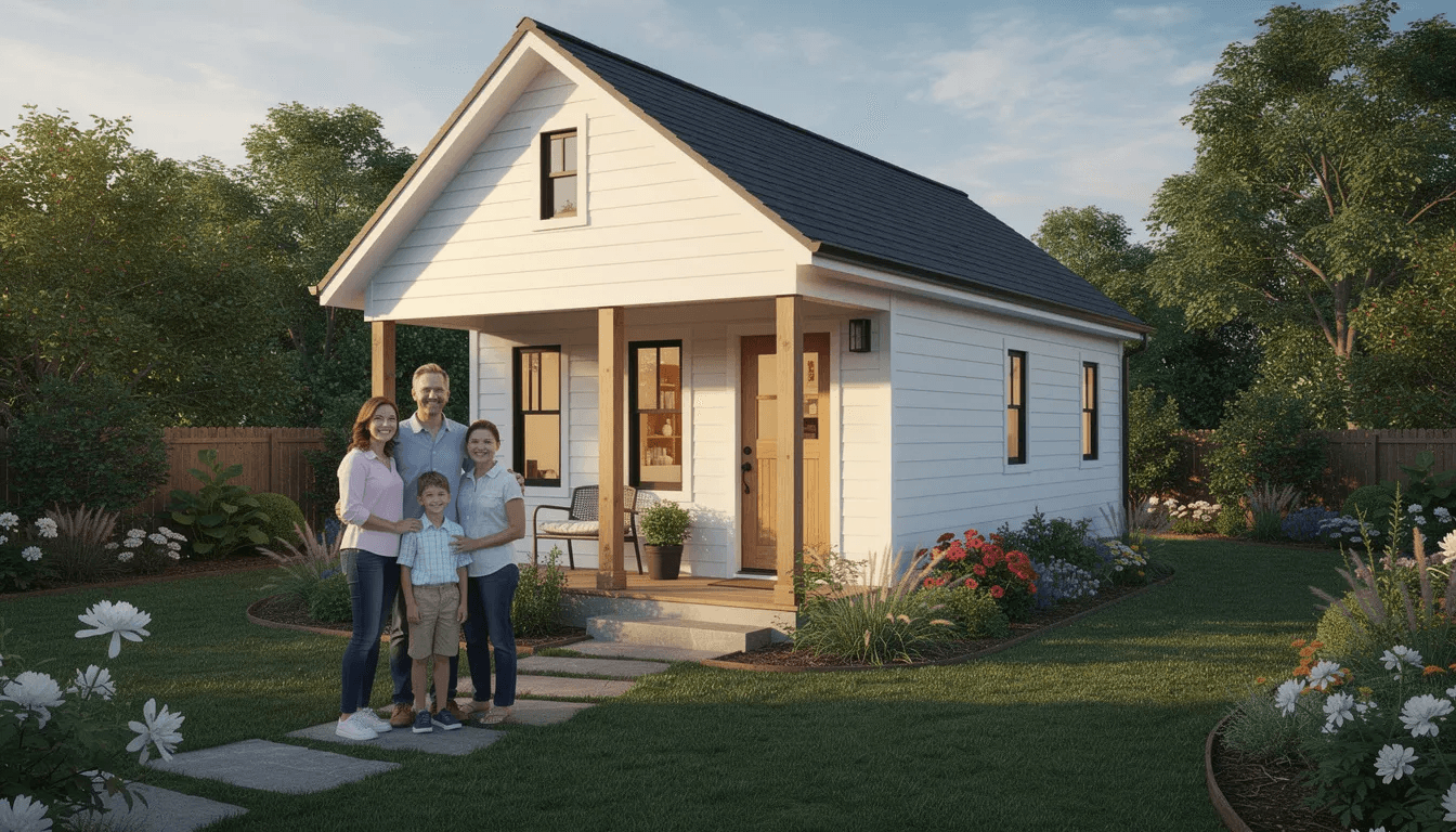 A family stands together outside a charming cottage style accessory dwelling unit ADU in a landscaped backyard showcasing the potential for affordable housing and sustainable living The cozy structure designed with energy efficient materials highlights the growing trend of prefab ADUs as a solution for families seeking more space and rental income