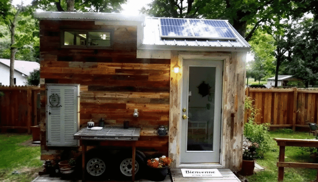 A tiny home in a backyard.