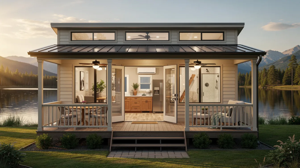Image The image depicts a mid range park model home showcasing a cozy 12 x 34 layout with a sleeping loft and a covered front porch This model features modern amenities such as stainless steel appliances solid wood cabinetry and energy efficient windows making it an ideal choice for vacation homes or rental properties