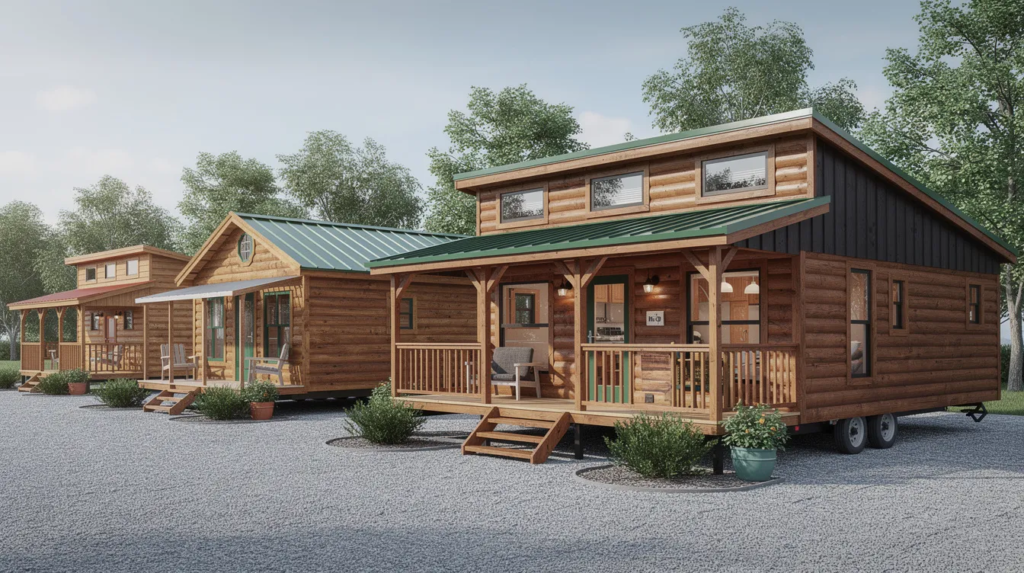 Image The image depicts a variety of rustic cabin style park model homes showcasing different designs and layouts that typically range in price from 000 to 000 These park models perfect for seasonal living or as vacation homes feature log siding porches and optional lofts appealing to buyers seeking affordable tiny home options