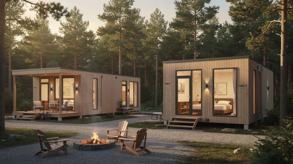 Image The image features two bedroom modular cabins designed with exceptional craftsmanship and high quality materials showcasing a cozy and aesthetically pleasing layout These prefab homes are ideal for cabin owners looking for energy efficient living spaces complete with durable metal roofs and customizable options to suit specific needs