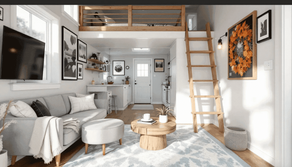 A cozy white interior of a tiny home.