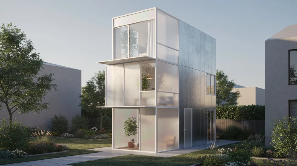 Image The image depicts a small house designed by Kazuyo Sejima characterized by its lightweight vertical column form and subtly faceted facade which changes appearance with the light Opalescent glass and galvanized steel sheeting create a modern aesthetic while the structure features operable windows and a spiral staircase blending seamlessly into the gardens of central Tokyo