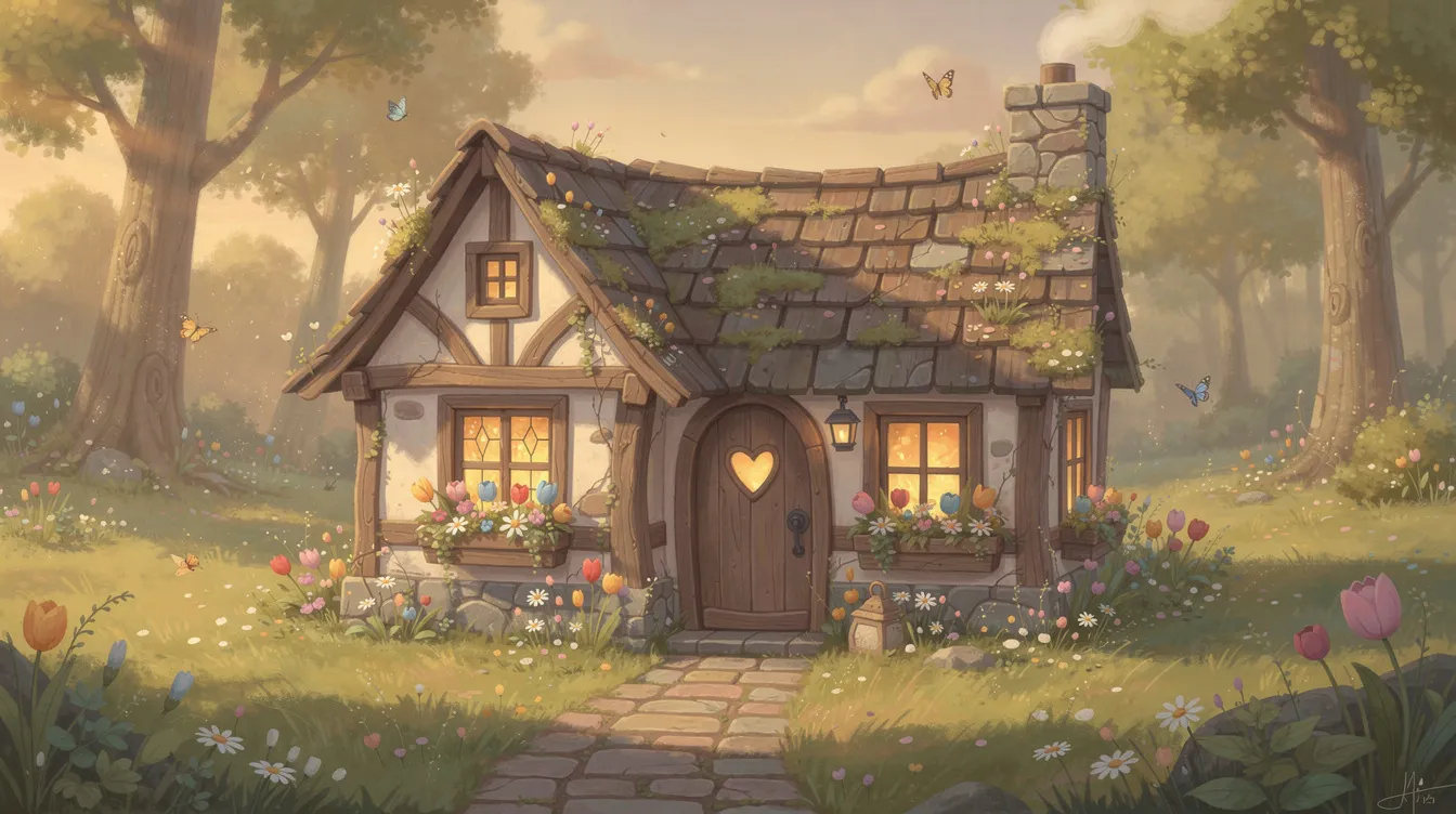 004013b626714a6ca1a587ded3636322 The image features a charming one floor fairytale cottage designed as a cozy tiny home with a welcoming door and whimsical walls Inside the living space includes a comfortable bedroom a quaint bathroom and a delightful kitchen all contributing to the enchanting atmosphere of this perfect storybook retreat