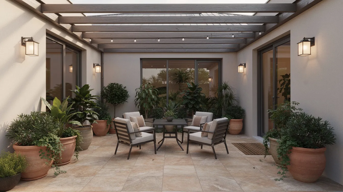 00799418b9a840b4a8637761e60d07f3 The image depicts a small covered courtyard patio nestled between two wings of a tiny house featuring potted plants and comfortable outdoor seating creating a cozy and inviting living space This area exemplifies the charm of tiny living with distinct zones for relaxation and enjoyment