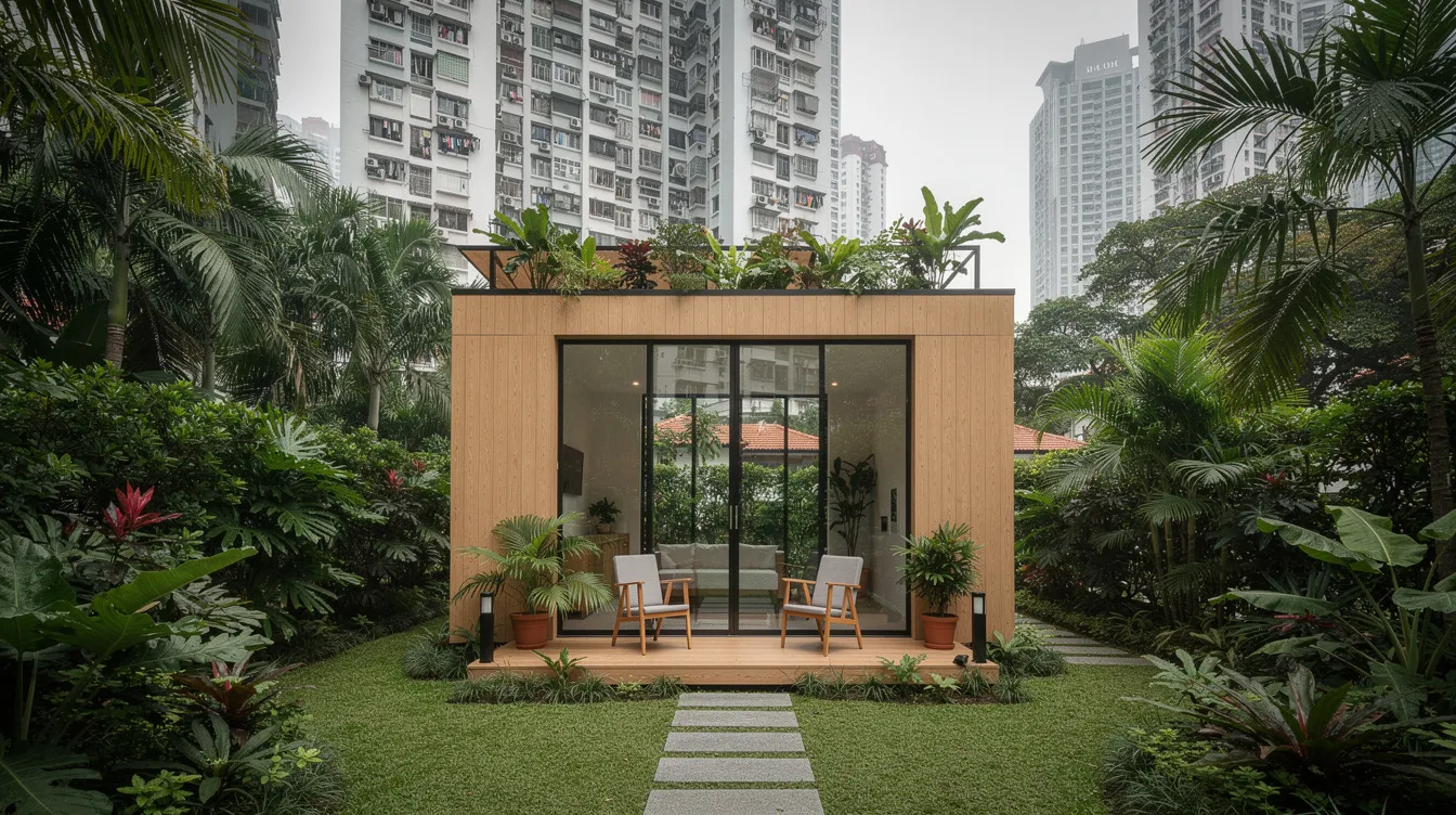 00fccd0f22f9486cb99ae94437d0530e This image showcases a cozy Singapore tiny house designed with minimal furnishings and eco friendly features including a queen sized bed and a fully equipped kitchen Set in a hidden paradise near a white sand beach it offers easy beach access and comfortable accommodations for guests seeking a unique getaway