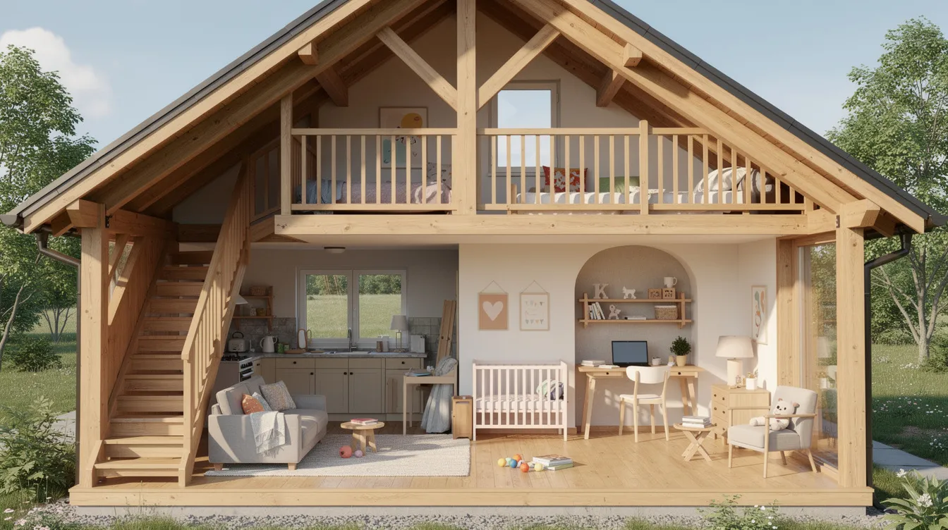 03048a3751404462b68ffa73ae9e4680 The image showcases a cozy tiny timber frame cabin designed for small families featuring two bedrooms and a loft area that can adapt to changing needs over the years The exterior highlights include large windows a covered porch and exposed beams while the interior is thoughtfully planned with durable finishes and kid friendly details