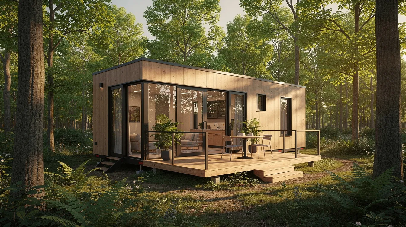 0627233f2c6c4ab88d0194297d5bf86a A modern tiny house designed with large windows and a wooden deck is nestled among lush trees creating a cozy and inviting living space This light filled retreat features a sleeping loft and premium materials making it an ideal vacation home or guest house for those seeking style inspiration in small spaces
