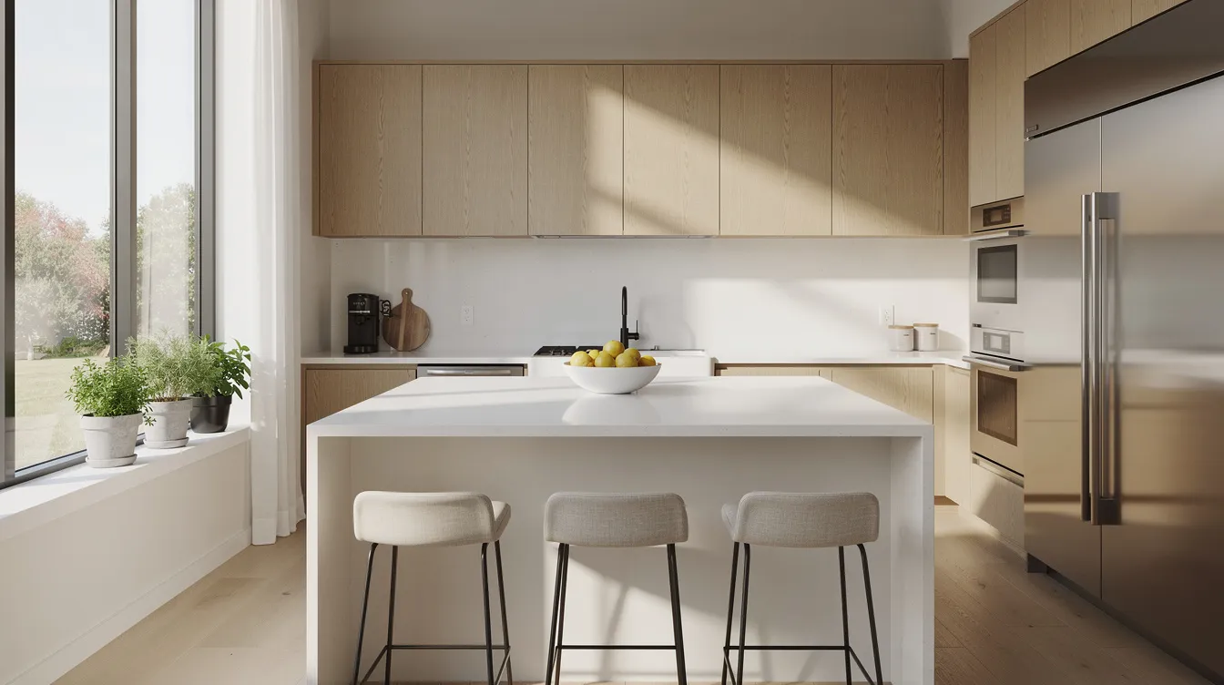 08a9bf19b80440cbba46f12eb53acfdb The image depicts a bright kitchen space within an alpha tiny house featuring large windows that allow natural light to flood the room highlighting the hardwood floors and beautiful cabinetry The kitchen is designed for functionality and comfort showcasing modern appliances including a hidden dishwasher and is perfect for a cozy lifestyle in a tiny home