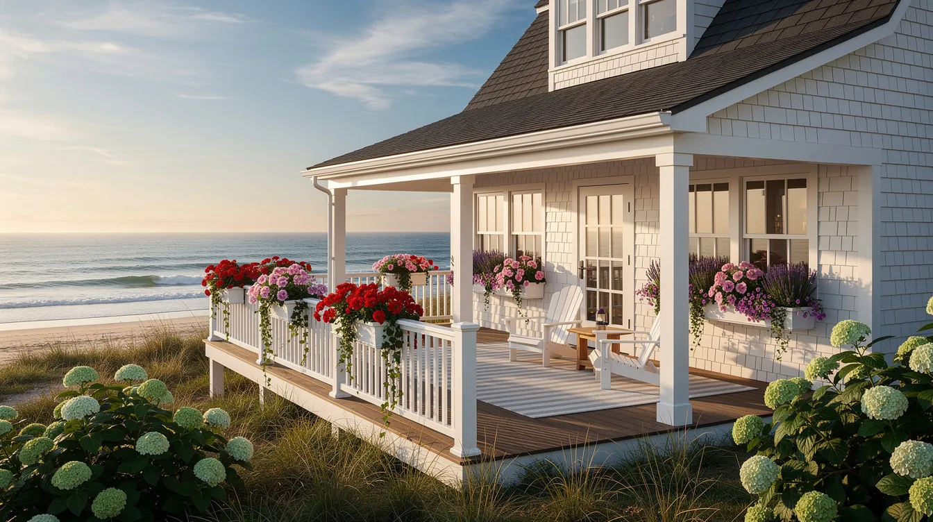 08c5cc336e6944f7b6afcc51f6b1d6f3 A charming white shingled cottage features flower boxes and a wraparound porch offering a stunning ocean view This cozy tiny house embodies a warm inviting atmosphere perfect for family gatherings and relaxation