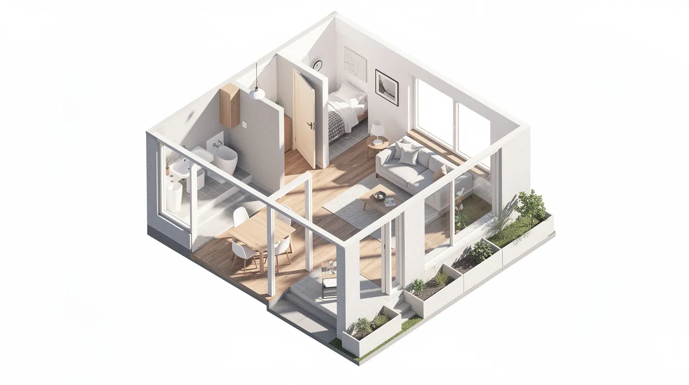 09d2f1579720407681e3d013414511a6 This image depicts an L shaped tiny house featuring a bright living and dining area with windows on two sides that invite natural light creating a welcoming atmosphere The compact bedroom and bathroom are strategically located in the short leg of the layout ensuring privacy while maintaining a surprisingly spacious feel