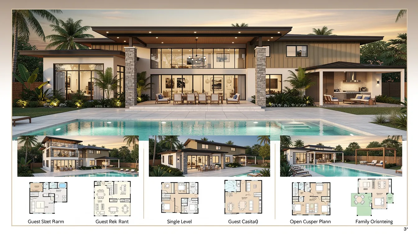 0c3a0243d5ff4a9d8dcecb614a1562c9 The image depicts a collection of vacation villa plans featuring architectural styles that emphasize outdoor living with large windows and covered patios that enhance the indoor outdoor connection These small villa house plans are designed for easy maintenance and include options for guest accommodations and entertainment spaces making them ideal for hosting and relaxation